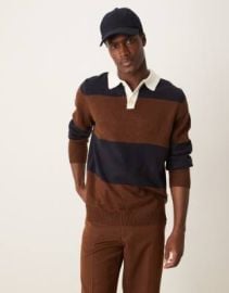 DESIGN knitted stripe rugby polo in brown and navy rib at ASOS