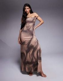 DESIGN lace up back maxi dress in brown swirl print at ASOS