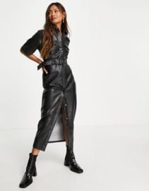 DESIGN leather look belted midi shirt dress in black at ASOS