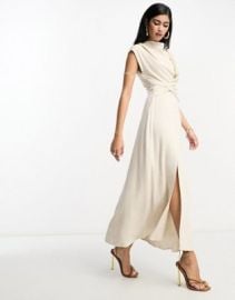 DESIGN linen high neck twist front midi dress in natural at ASOS