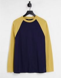 DESIGN long sleeve raglan t-shirt in navy with mustard sleeves at ASOS