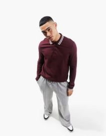 DESIGN long sleeve tipped pique polo shirt in burgundy at ASOS