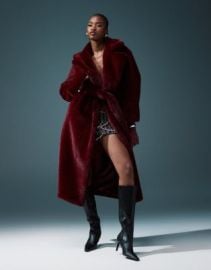 DESIGN longline belted faux fur coat in burgundy at ASOS