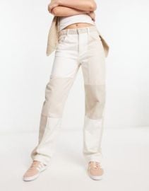 DESIGN mid rise baggy boyfriend jeans in neutral patchwork at ASOS