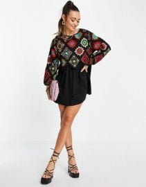 DESIGN mini crochet embroidered smock dress in black at ASOS