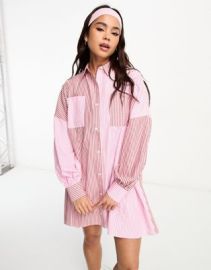 DESIGN mini shirt dress with balloon sleeves in pink and red stripe at ASOS