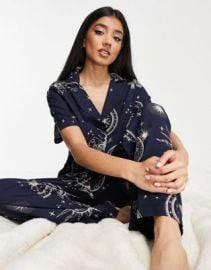 DESIGN modal horoscope shirt pants pajama set in navy at ASOS