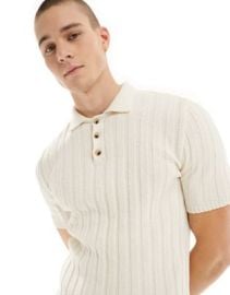 DESIGN muscle fit knit textured rib polo shirt in stone at ASOS