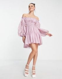 DESIGN off-shoulder mini dress with ruched paneled detail in washed lilac at ASOS