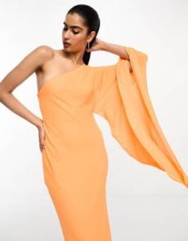 DESIGN one shoulder exaggerated sleeve maxi dress in bright orange at ASOS