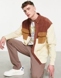 DESIGN oversized cord shirt in brown color block at ASOS