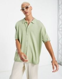 DESIGN oversized knitted button through polo in washed green at ASOS