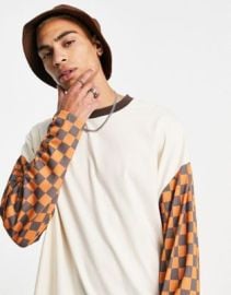 DESIGN oversized long sleeve T-shirt in off-white with check print sleeves at ASOS