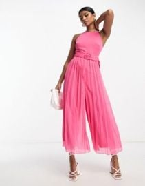 DESIGN pleated jumpsuit with belt in pink at ASOS