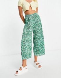 DESIGN plisse culotte pants with whimsy floral print in blue at ASOS