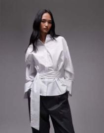 DESIGN poplin belted cinch shirt in white at ASOS