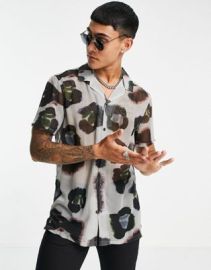 DESIGN regular revere sheer floral shirt in gray and black print at ASOS