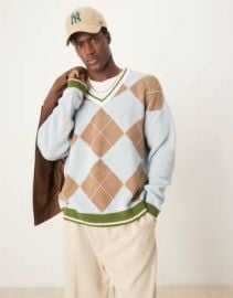 DESIGN relaxed knit sweater in blue and brown argyle pattern at ASOS