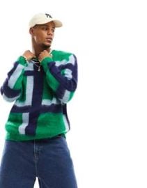 DESIGN relaxed knitted fluffy jumper in green check pattern at ASOS