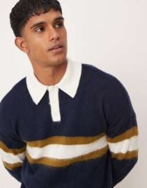 DESIGN relaxed knitted rugby polo sweater in navy with stripe at ASOS