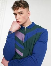 DESIGN relaxed long sleeve polo shirt in color block at ASOS