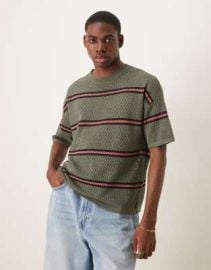 DESIGN relaxed open knit striped t-shirt in green at ASOS