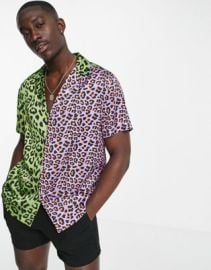 DESIGN relaxed revere shirt in color block leopard print at ASOS