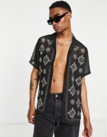 DESIGN relaxed revere shirt in sheer with sparkle embroidery at ASOS