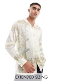 DESIGN relaxed revere shirt with ornate print in cream at ASOS