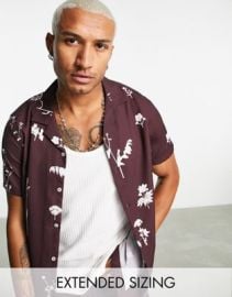 DESIGN revere shirt in burgundy floral print at ASOS