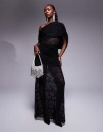 DESIGN ruched off shoulder maxi dress with lace inserts in black at ASOS