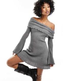 DESIGN ruched slash neck cold shoulder mini dress in gray cable knit at ASOS
