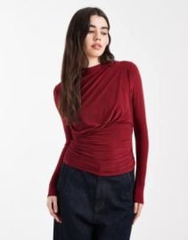 DESIGN ruched slinky long sleeve top in burgundy at ASOS