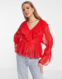 DESIGN ruffled sheer blouse in red at ASOS