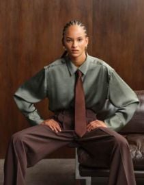 DESIGN satin cinch oversized shirt with contrast tie in olive at ASOS