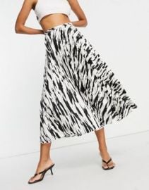 DESIGN satin pleated midi skirt in mono zebra print at ASOS