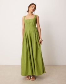 DESIGN scoop neck pleated waist maxi sundress in olive at ASOS