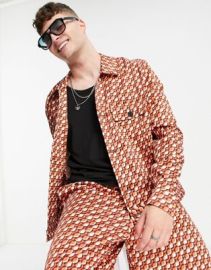 DESIGN set smart trucker jacket with retro geo print in rust at ASOS