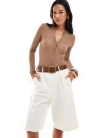 DESIGN sheer ribbed bodysuit with henley collar in mocha at ASOS