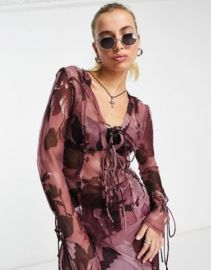 DESIGN sheer tie front blouse in dark floral print - part of a set at ASOS