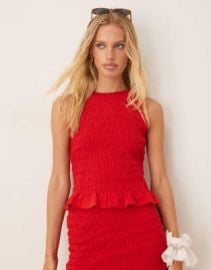 DESIGN shirred frill hem top in red - part of a set at ASOS