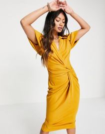 DESIGN shirt knot detail wrap midi dress in mustard at ASOS