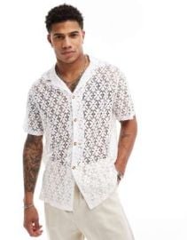 DESIGN short sleeve relaxed fit deep revere collar flower lace shirt in white at ASOS