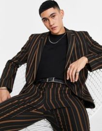 DESIGN skinny suit jacket in tobbaco stripe at ASOS