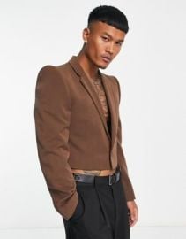 DESIGN slim fit cropped pagoda shoulder blazer in brown at ASOS