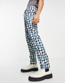 DESIGN slim suit pants with elasticated waistband in turquoise geo print at ASOS