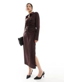 DESIGN slinky ruched waist midi shirt dress in chocolate at ASOS