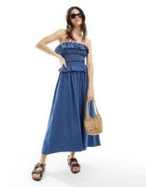 DESIGN soft denim maxi dress with frill detail in mid blue at ASOS