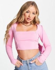 DESIGN square neck crop top with seam detail in pink at ASOS