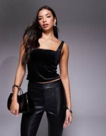 DESIGN square neck paneled velvet corset top in black at ASOS